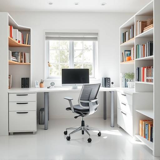 Celda con diseño ergonómico, equipada con un escritorio ajustable, silla cómoda y estanterías para materiales educativos