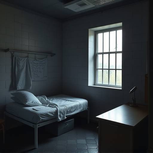 Fotograf铆a de una celda de prisi贸n moderna con una cama, un escritorio y una ventana