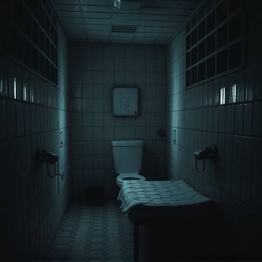 Fotograf칤a de una celda de aislamiento oscura y peque침a con una cama sencilla y un inodoro.