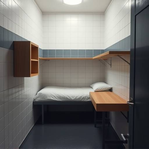 Fotograf칤a de una celda individual limpia y bien iluminada con una cama, un escritorio y un estante.