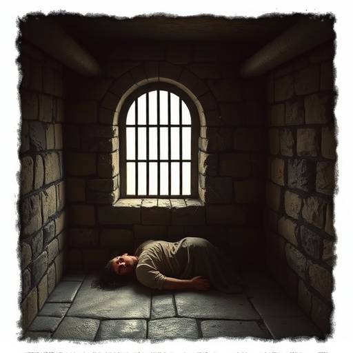 Ilustraci贸n de una celda medieval con muros de piedra, una peque帽a ventana enrejada y un prisionero durmiendo en el suelo.