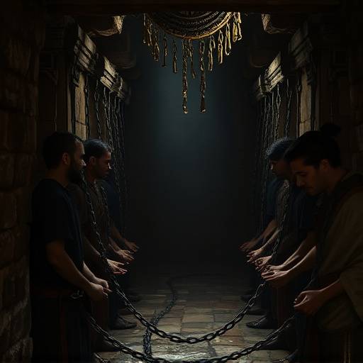 Representaci贸n art铆stica de una celda romana antigua, con prisioneros encadenados en un calabozo oscuro.